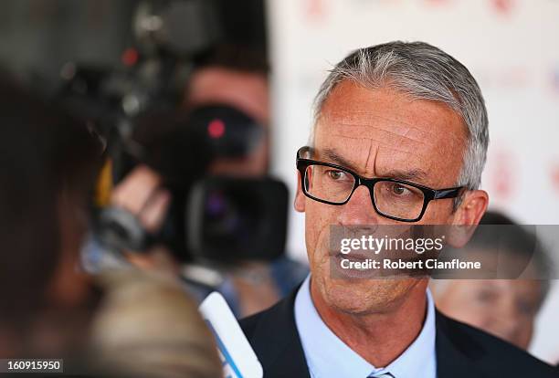 Football Federation Australia CEO David Gallop speaks to the media during an A-League press conference at The Peninsula on February 8, 2013 in...