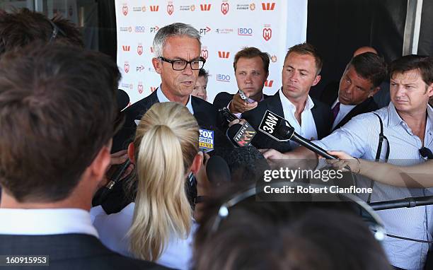 Football Federation Australia CEO David Gallop speaks to the media during an A-League press conference at The Peninsula on February 8, 2013 in...