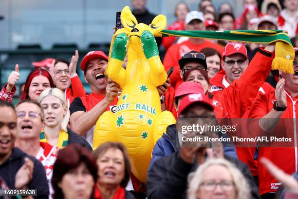 Swans fans watch Australia's FIFA Women's World Cup Quarter Final match against France on the SCG big screen following the round 22 AFL match between...