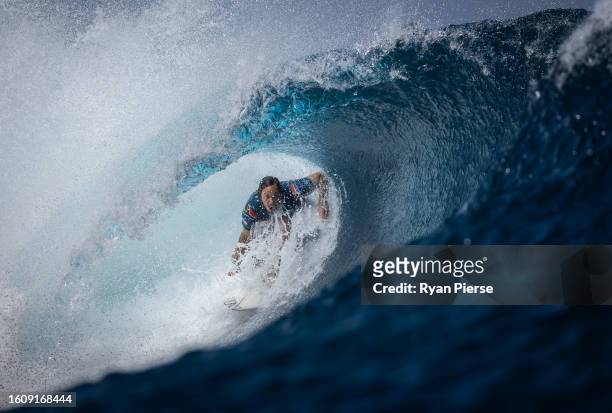 Jordy Smith of South Africa surfs in their Opening Round Heat during day one of the SHISEIDO Tahiti Pro on August 11, 2023 in Teahupo'o, French...