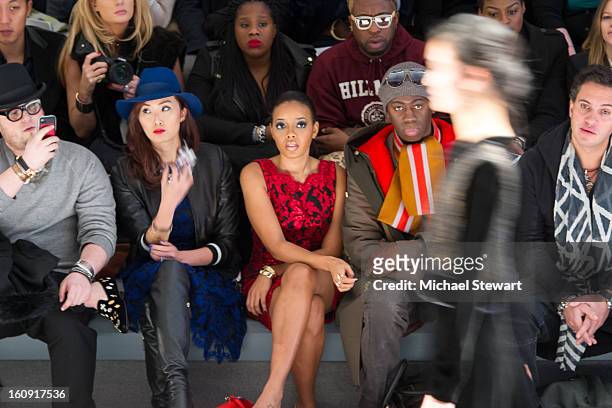 Stylist Chriselle Lim, Angela Simmons and tv personality J Alexander attend Tadashi Shoji during Fall 2013 Mercedes-Benz Fashion Week at The Stage at...