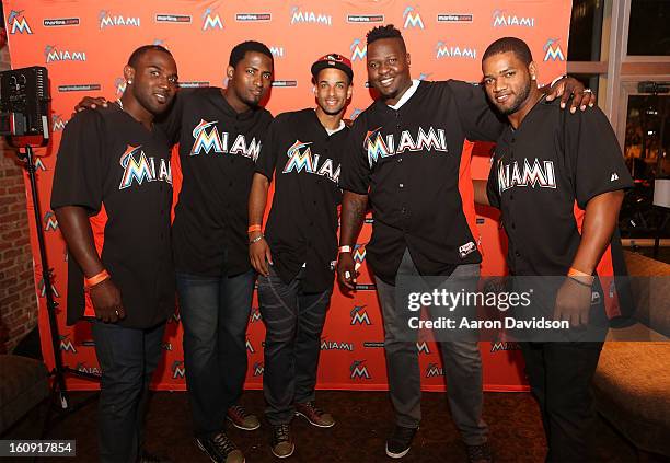 Arquimedes Caminero, Braulio Lara, Jose Ceda, and Mark Buehrle attend The Miami Marlins Host 7th Annual BaseBowl at Lucky Strike Lanes on February 7,...