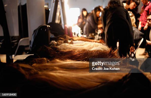 General view of atmosphere backstage at the Edun Fall 2013 fashion show during Mercedes-Benz Fashion Week at Skylight West on February 7, 2013 in New...