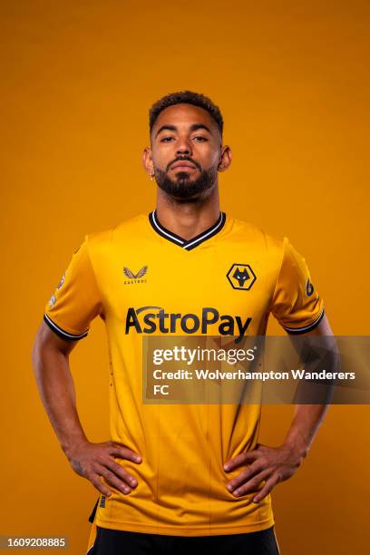 Matheus Cunha of Wolverhampton Wanderers poses for a portrait in the 2023/24 Home Kit during media access day at Molineux on August 03, 2023 in...