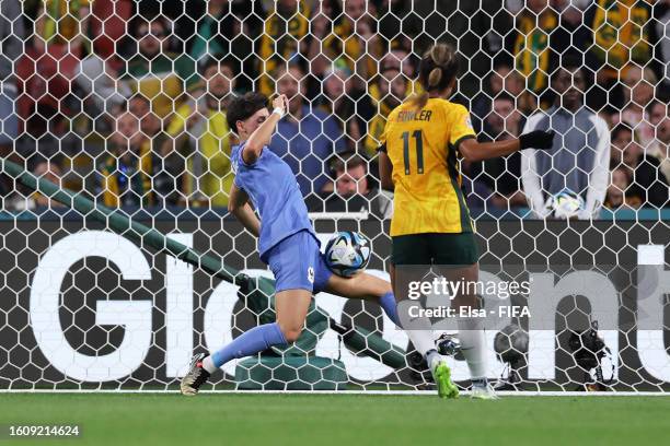 Elisa De Almeida of France blocks a shot by Mary Fowler of Australia during the FIFA Women's World Cup Australia & New Zealand 2023 Quarter Final...