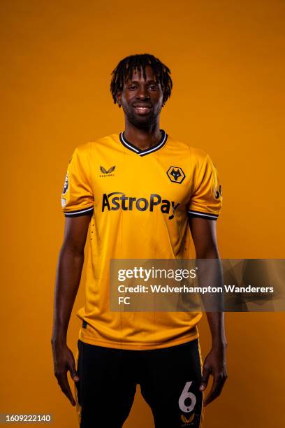 Boubacar Traore of Wolverhampton Wanderers poses for a portrait in the 2023/24 Home Kit during media access day at Molineux on August 03, 2023 in...