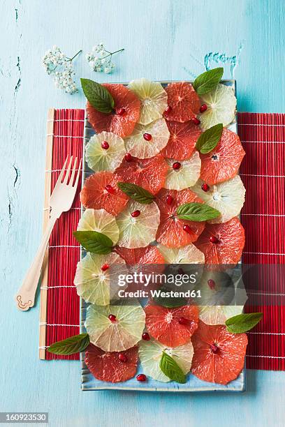 slices of orange and pink grapefruit salad garnished with pomegranate seeds and mint on tray - pink grapefruit stock pictures, royalty-free photos & images