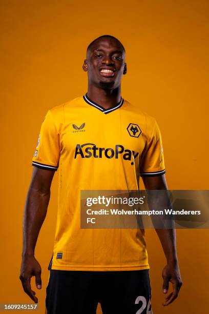 Toti Gomes of Wolverhampton Wanderers poses for a portrait in the 2023/24 Home Kit during media access day at Molineux on August 03, 2023 in...