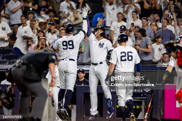 New York Yankees Outfield Aaron Judge celebrates his home run during the MLB professional baseball game between the Boston Red Sox and New York...