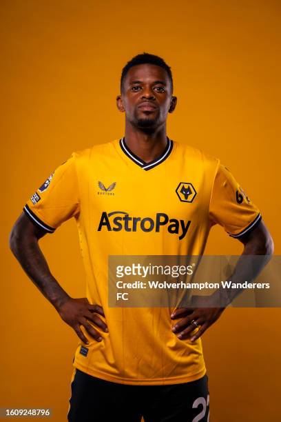 Nelson Semedo of Wolverhampton Wanderers poses for a portrait in the 2023/24 Home Kit during media access day at Molineux on August 03, 2023 in...