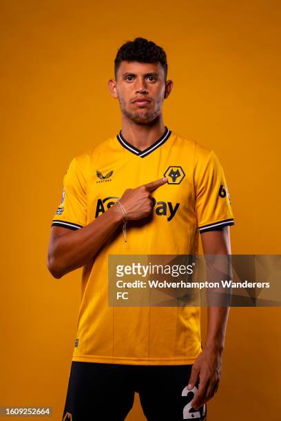 Matheus Nunes of Wolverhampton Wanderers poses for a portrait in the 2023/24 Home Kit during media access day at Molineux on August 03, 2023 in...