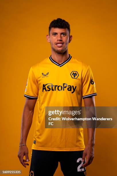 Matheus Nunes of Wolverhampton Wanderers poses for a portrait in the 2023/24 Home Kit during media access day at Molineux on August 03, 2023 in...