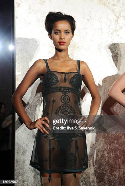 Model poses during the La Perla fall 2013 presentation during Mercedes-Benz Fashion Week at The Gallery at The Dream Downtown Hotel on February 7,...