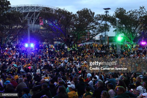 Fans watch the FIFA Women's World Cup Australia & New Zealand 2023 Quarter Final match between Australia and France at Stadium Australia on August...