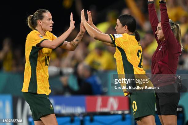 Sam Kerr of Australia is brought in for Emily Van-Egmond during the FIFA Women's World Cup Australia & New Zealand 2023 Quarter Final match between...