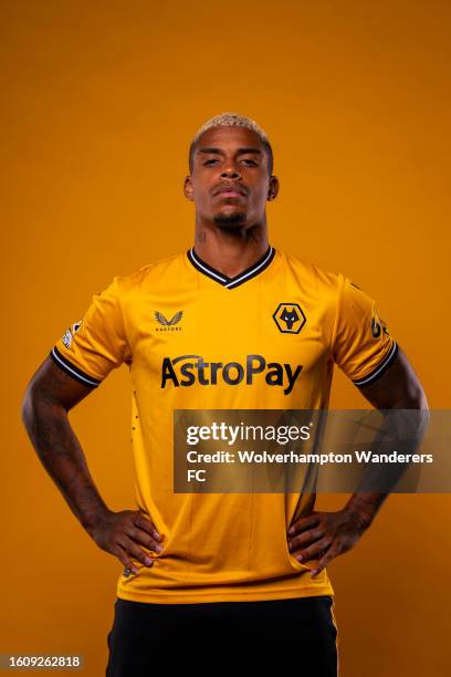 Mario Lemina of Wolverhampton Wanderers poses for a portrait in the 2023/24 Home Kit during media access day at Molineux on August 03, 2023 in...