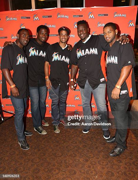 Arquimedes Caminero, Braulio Lara, Jose Ceda, and Mark Buehrle attend The Miami Marlins Host 7th Annual BaseBowl at Lucky Strike Lanes on February 7,...