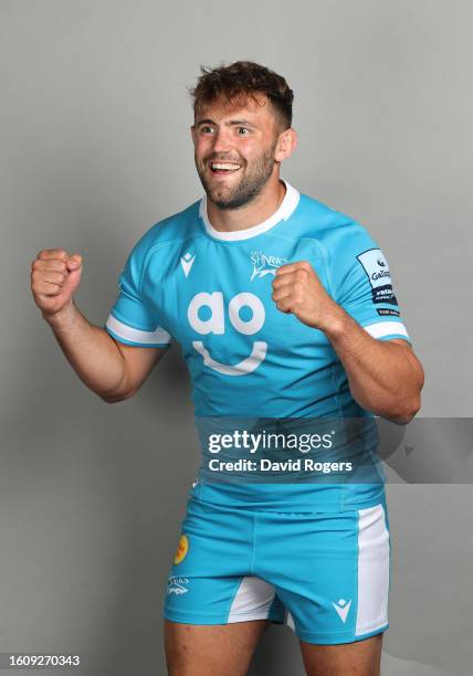 Sam Dugdale of Sale Sharks poses for a portrait during the squad photocall for the 2023-2024 Gallagher Premiership Rugby season at Carrington...