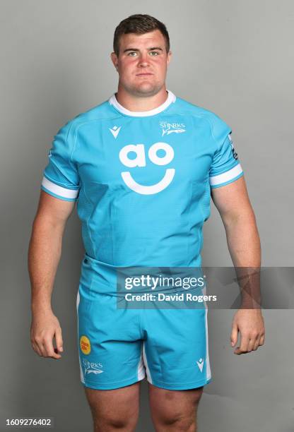 James Harper of Sale Sharks poses for a portrait during the squad photocall for the 2023-2024 Gallagher Premiership Rugby season at Carrington...