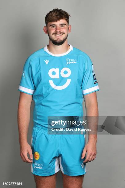 Alex Causey of Sale Sharks poses for a portrait during the squad photocall for the 2023-2024 Gallagher Premiership Rugby season at Carrington...