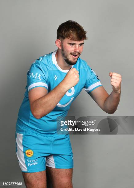 Alex Causey of Sale Sharks poses for a portrait during the squad photocall for the 2023-2024 Gallagher Premiership Rugby season at Carrington...