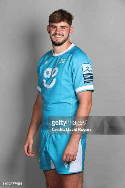 Alex Causey of Sale Sharks poses for a portrait during the squad photocall for the 2023-2024 Gallagher Premiership Rugby season at Carrington...