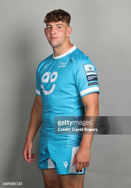Harry Thompson of Sale Sharks poses for a portrait during the squad photocall for the 2023-2024 Gallagher Premiership Rugby season at Carrington...