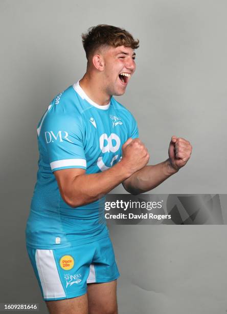 Harry Thompson of Sale Sharks poses for a portrait during the squad photocall for the 2023-2024 Gallagher Premiership Rugby season at Carrington...