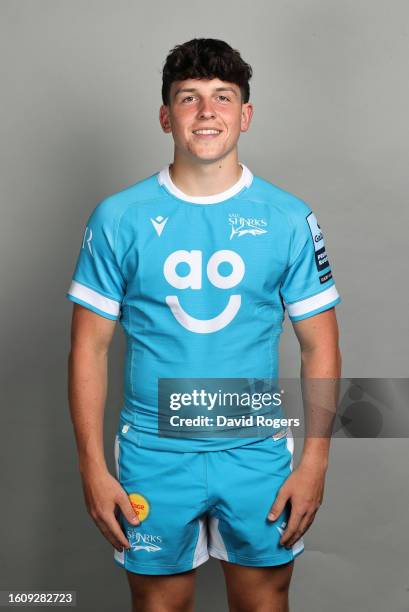 Will Wootton of Sale Sharks poses for a portrait during the squad photocall for the 2023-2024 Gallagher Premiership Rugby season at Carrington...