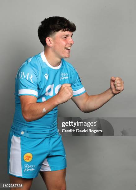 Will Wootton of Sale Sharks poses for a portrait during the squad photocall for the 2023-2024 Gallagher Premiership Rugby season at Carrington...