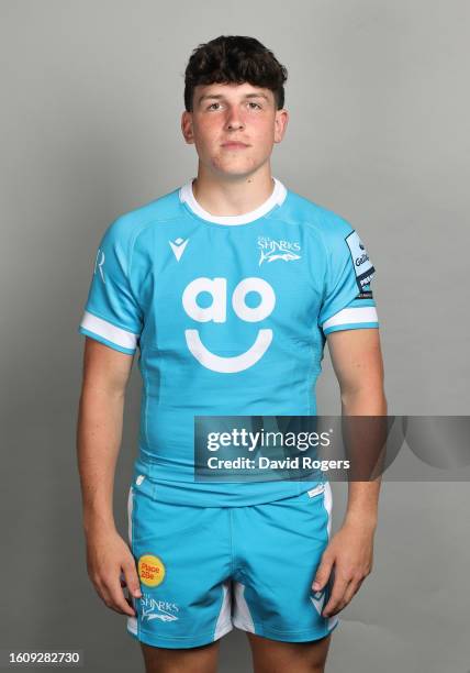 Will Wootton of Sale Sharks poses for a portrait during the squad photocall for the 2023-2024 Gallagher Premiership Rugby season at Carrington...