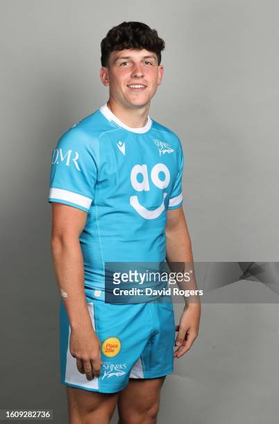 Will Wootton of Sale Sharks poses for a portrait during the squad photocall for the 2023-2024 Gallagher Premiership Rugby season at Carrington...