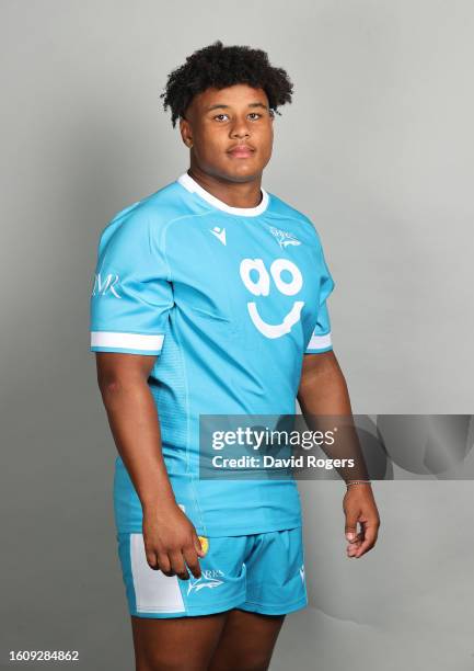 Patreece Bell of Sale Sharks poses for a portrait during the squad photocall for the 2023-2024 Gallagher Premiership Rugby season at Carrington...