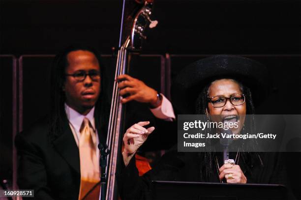 Jazz vocalist Abbey Lincoln performs with Michael Bowie on upright acoustic bass at a JVC Festival concert at Carnegie Hall, New York, New York, June...