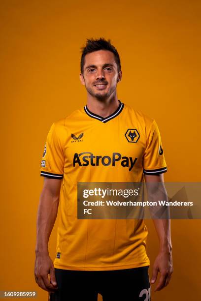 Pablo Sarabia of Wolverhampton Wanderers poses for a portrait in the 2023/24 Home Kit during media access day at Molineux on August 03, 2023 in...