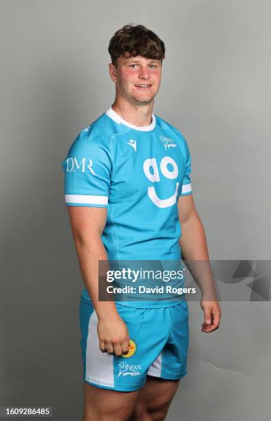 Wills Austin of Sale Sharks poses for a portrait during the squad photocall for the 2023-2024 Gallagher Premiership Rugby season at Carrington...