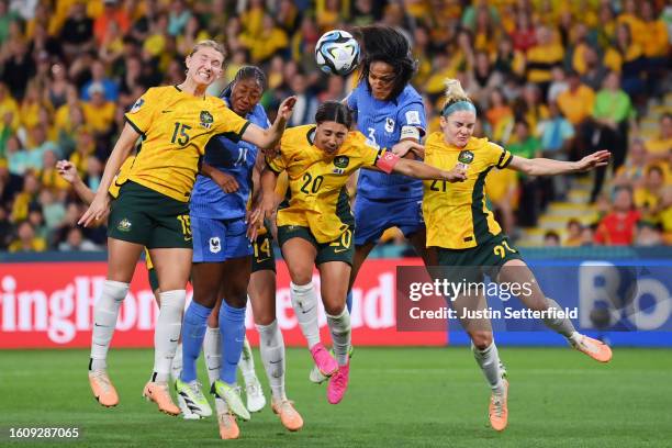 Sam Kerr of Australia and Wendie Renard of France compete for the ball during the FIFA Women's World Cup Australia & New Zealand 2023 Quarter Final...