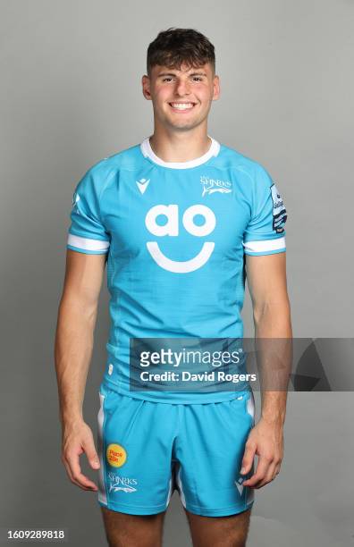 Alex Wills of Sale Sharks poses for a portrait during the squad photocall for the 2023-2024 Gallagher Premiership Rugby season at Carrington Training...