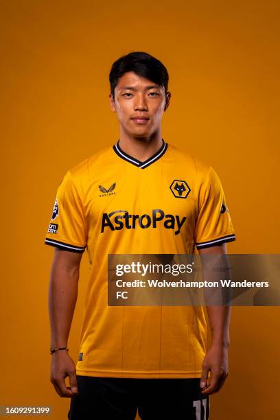 Hee-chan Hwang of Wolverhampton Wanderers poses for a portrait in the 2023/24 Home Kit during media access day at Molineux on August 03, 2023 in...