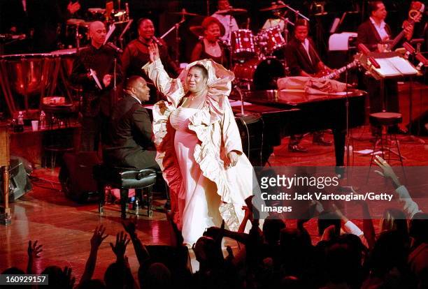 American musician Aretha Franklin performs at a JVC Jazz Festival concert at Avery Fisher Hall, Lincoln Center, New York, New York, June 24, 2000.
