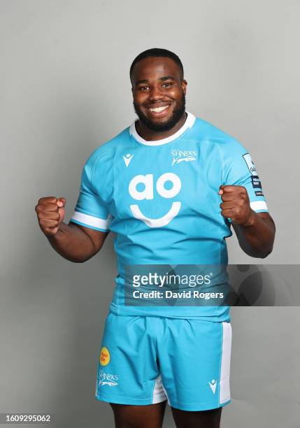 Tumy Onasanya of Sale Sharks poses for a portrait during the squad photocall for the 2023-2024 Gallagher Premiership Rugby season at Carrington...