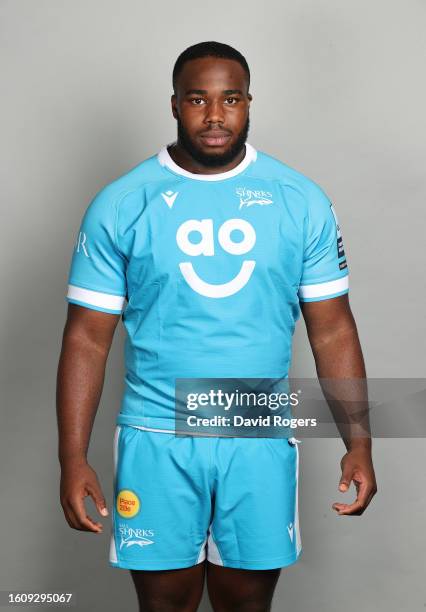 Tumy Onasanya of Sale Sharks poses for a portrait during the squad photocall for the 2023-2024 Gallagher Premiership Rugby season at Carrington...