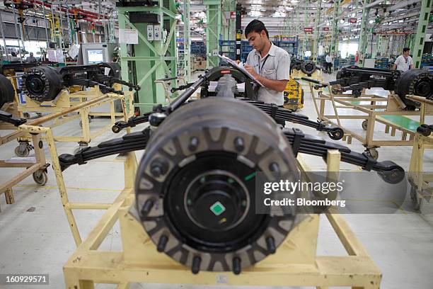 An employee works on the assembly line for the Mahindra & Mahindra Ltd. Navistar truck at the company's factory in Chakan, Maharashtra, India, on...