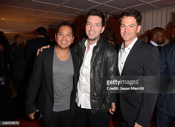 Rembrandt Flores, Daniel Musto and Kyle Howard attend Quattro Volte Vodka Preview with Taio Cruz at SLS Hotel on February 7, 2013 in Beverly Hills,...