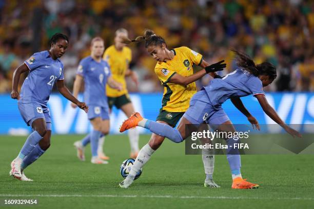 Mary Fowler of Australia and Grace Geyoro of France compete for the ball during the FIFA Women's World Cup Australia & New Zealand 2023 Quarter Final...