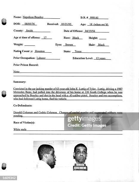Police report dated March 21, 1995 pertaining to Napoleon Beazley is displayed August 15, 2001 in Huntsville, Texas. Beazley had been set to be...