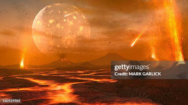 artwork of the primordial earth - volcano stock illustrations