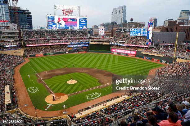 General overall interior view of Target Field during a game between the Arizona Diamondbacks and the Minnesota Twins at Target Field on August 5,...