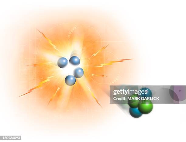 illustrazioni stock, clip art, cartoni animati e icone di tendenza di artwork of nuclear fusion reaction - nuclear energy