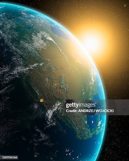 sunrise over north america, artwork - solar flare stock illustrations